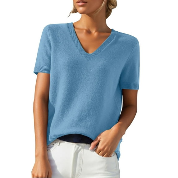 VISALY Womens Short Sleeve Sweater Casual Summer V Neck Pullover Tops Knit Sweater Blouse Lightweight Sweater Shirts Crop Tops Business Casual Outfit Beach Vacation Clothes Sky Blue S