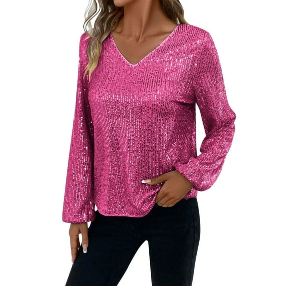 VISALY Womens Sparkly Sequin Tops Going Out Shimmer Blouses Glitter Sparkling Sequins Shirts V-Neck Long Sleeve Casual Dressy Blouse Trendy Tunic Tshirts for Party Evening Concert Shirt Hot Pink Xxl