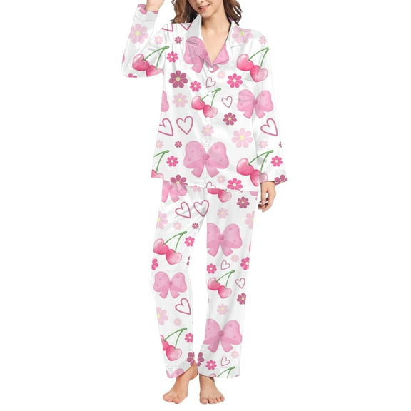 VISALY Womens Valentine Pajama Set Bow Printed Button Down Sleepwear Lounge Set Nightwear Lounge Set Comfy Pajama Sets Loose Pajamas Fall Pjs Matching Pajama Set Sleepwear Sets Sleep Sets White S
