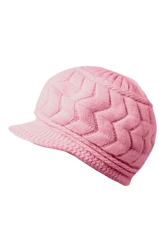 Womens Winter Warm Knit Hat Snow Ski Caps with Visor Beanie Hats Thick Warm Knitted Chunky Soft Slouchy Cap with Brim Warm Hats for Women Visor Hat Beanies for Cold Weather Pink One Size