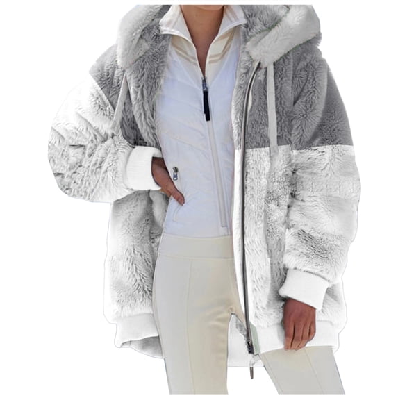 VISALY Womens Zip Up Hoodies Sweater Jacket Coat Stitching Three- Pocket Soft Hooded Pullover Sweatershirt Warm Artificial Wool Coat Outwear Casual Sweaters Fleece Hoodies Winter Sweaters Grey M