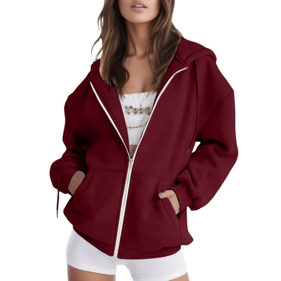 VISALY Womens Zip Up Hoodies Sweater Jacket Fall Jacket Oversized Pocket Sweatshirt Casual Zipper Jacket Solid Color Long Sleeve Tops Comfy Sweaters Loose Sweaters Lightweight Sweaters Wine Xxl
