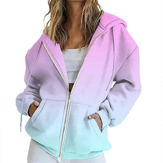 VISALY Womens Zip Up Hoodies Sweater Jacket Fall Jacket Oversized Pocket Sweatshirt Casual Zipper Jacket Solid Color Long Sleeve Tops Comfy Sweaters Plain Hoodie Fall Sweaters Pink S