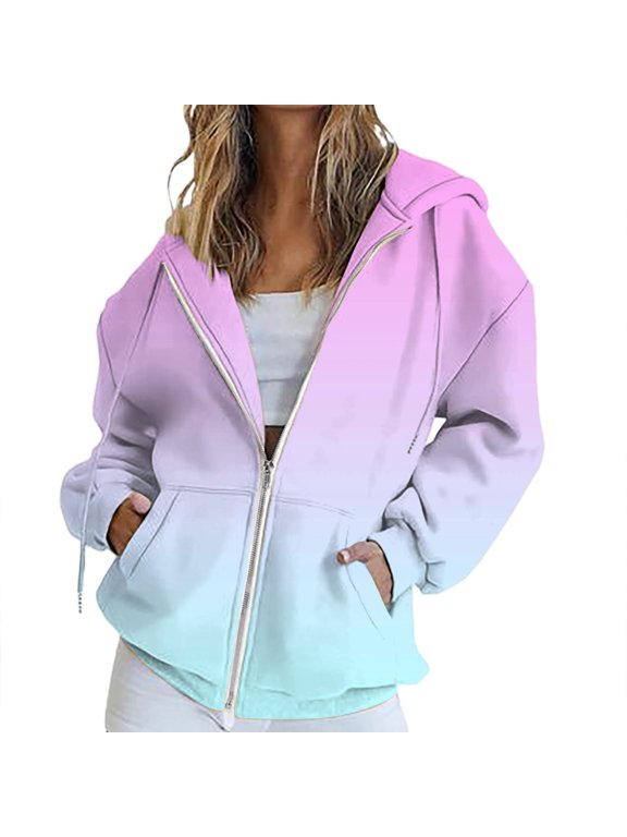 Womens Zip Up Hoodies Sweater Jacket Fall Jacket Oversized Pocket Sweatshirt Casual Zipper Jacket Solid Color Long Sleeve Tops Comfy Sweaters Plain Hoodie Fall Sweaters Pink M