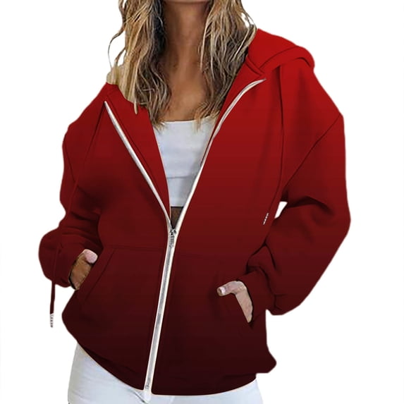 VISALY Womens Zip Up Hoodies Sweater Jacket Fall Jacket Oversized Pocket Sweatshirt Casual Zipper Jacket Solid Color Long Sleeve Tops Comfy Sweaters Plain Hoodie Fall Sweaters Red L