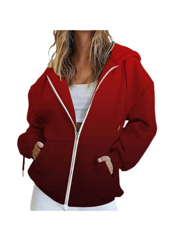 Womens Zip Up Hoodies Sweater Jacket Fall Jacket Oversized Pocket Sweatshirt Casual Zipper Jacket Solid Color Long Sleeve Tops Comfy Sweaters Plain Hoodie Fall Sweaters Red 3Xl
