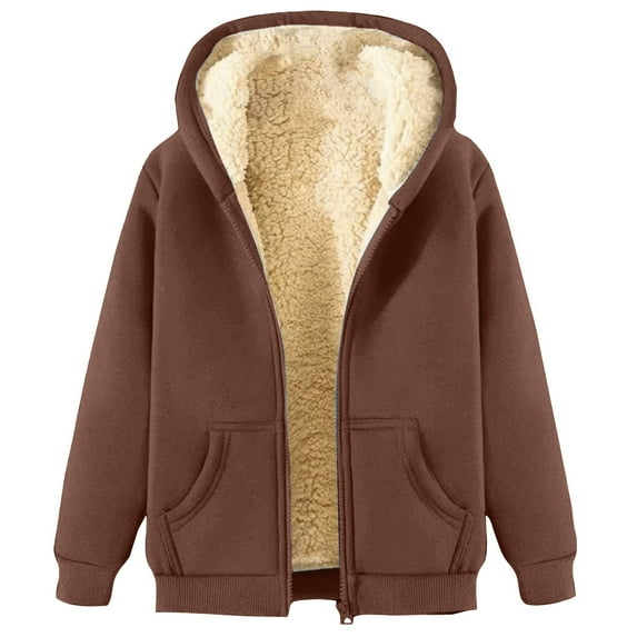 VISALY Womens Zip Up Hoodies Sweater Jacket Lamb Fleece Round Neck Hoodie Winter Youth Thick Warm Solid Color Top Plus Size Coat Crew Neck Sweater Loose Sweaters Winter Sweaters Brown L