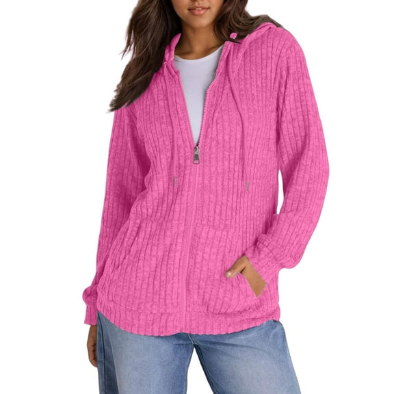VISALY Womens Zip Up Hoodies Sweater Jacket Sweaters Long Sleeve Knitted Zip Up Hoodies Ribbed Pullover Loose Casual Sweatshirts with Pocket Comfy Sweaters Tunic Sweater Long Sleeve Sweaters Pink L