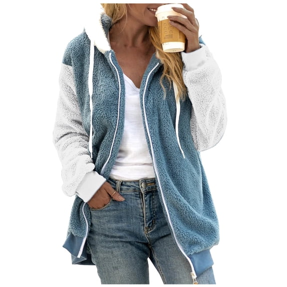 VISALY Womens Zip Up Hoodies Sweater Jacket Women's Artificial Wool Color Long Sleeve Sweatershirt Hooded Pullover Warm Wool Plush Coat Zipper Top Casual Sweaters Fleece Hoodies Winter Sweaters Blue L