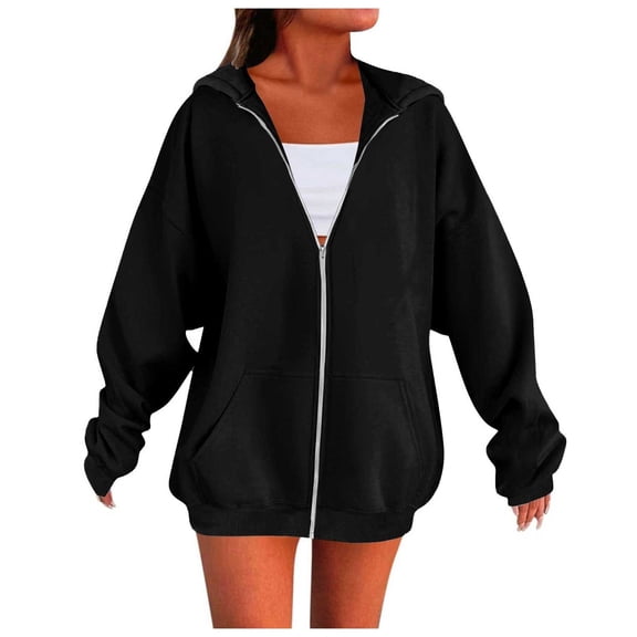 VISALY Womens Zip Up Hoodies Sweater Jacket Women's Fall Zipper Long Sleeve Sweatshirt Top Outdoor Sweatshirt Shirt Casual Sweaters Loose Sweaters Long Sleeve Sweaters Black M