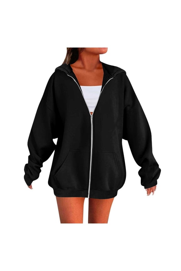Womens Zip Up Hoodies Sweater Jacket Women's Fall Zipper Long Sleeve Sweatshirt Top Outdoor Sweatshirt Shirt Casual Sweaters Loose Sweaters Long Sleeve Sweaters Black M