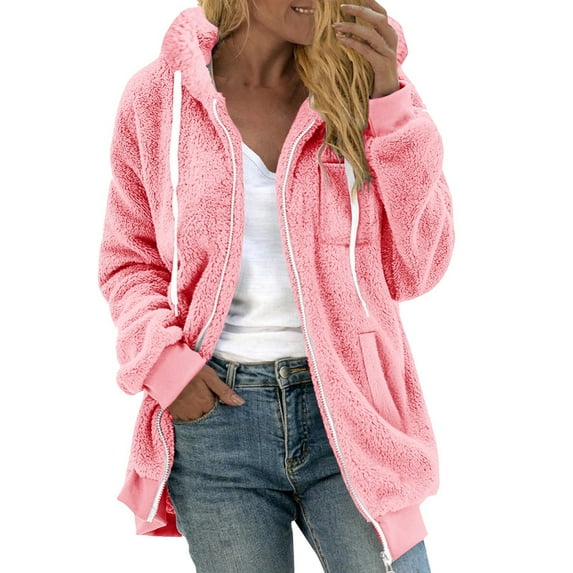 VISALY Womens Zip Up Hoodies Sweater Jacket Women's Plus Size Solid Color Sweatershirt Hooded Pullover Warm Wool Plush Coat Zipper Top Casual Sweaters Fleece Hoodies Winter Sweaters Pink Xl