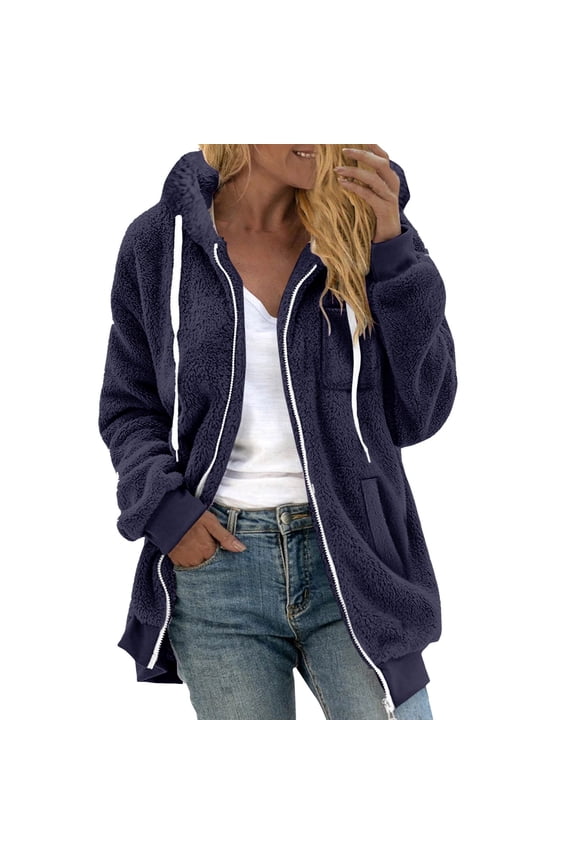 Womens Zip Up Hoodies Sweater Jacket Women's Plus Size Solid Color Sweatershirt Hooded Pullover Warm Wool Plush Coat Zipper Top Casual Sweaters Fleece Hoodies Winter Sweaters Black Xl