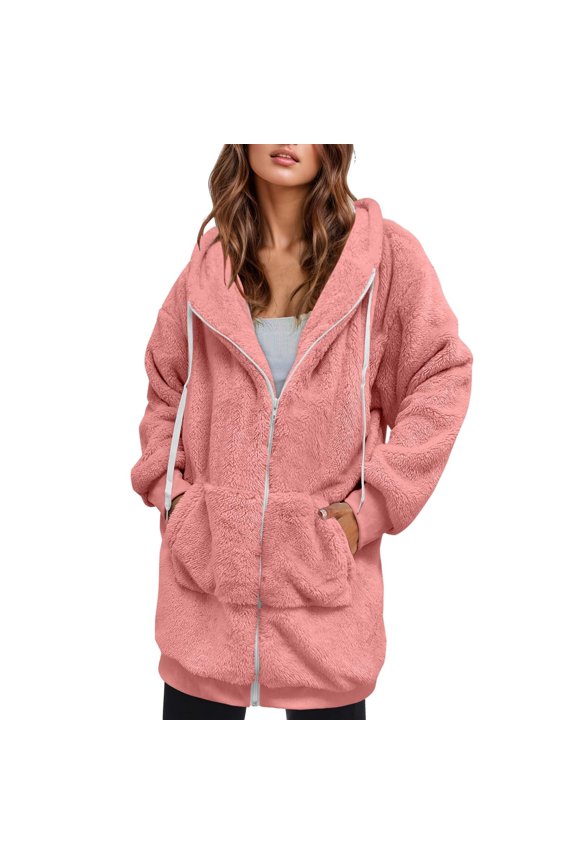 Womens Zip Up Hoodies Sweater Jacket Women's Plus Size Solid Color Sweatershirt Hooded Pullover Warm Wool Plush Coat Zipper Top Casual Sweaters Fleece Hoodies Winter Sweaters Pink S
