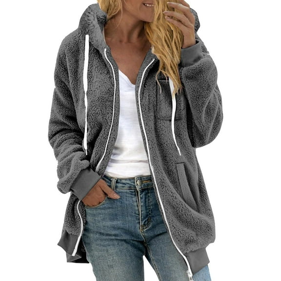 VISALY Womens Zip Up Hoodies Sweater Jacket Women's Plus Size Solid Color Sweatershirt Hooded Pullover Warm Wool Plush Coat Zipper Top Casual Sweaters Fleece Hoodies Winter Sweaters Grey Xxl