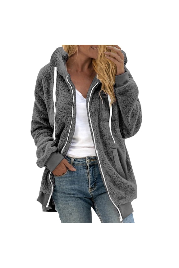 Womens Zip Up Hoodies Sweater Jacket Women's Plus Size Solid Color Sweatershirt Hooded Pullover Warm Wool Plush Coat Zipper Top Casual Sweaters Fleece Hoodies Winter Sweaters Grey L