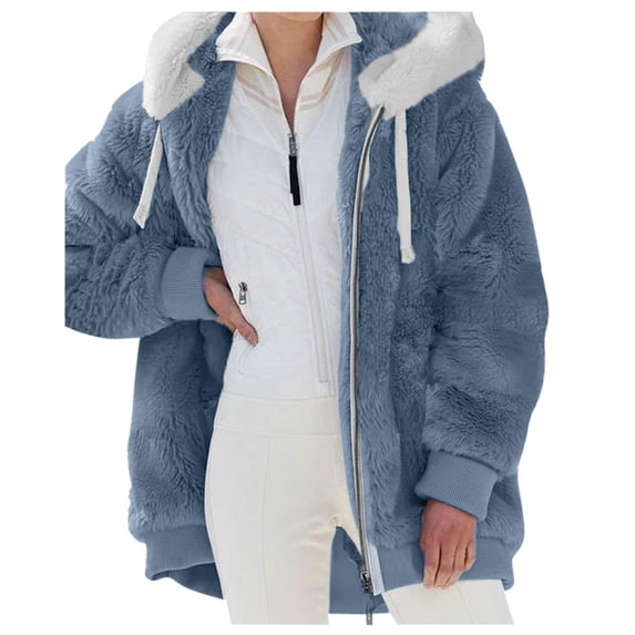 VISALY Womens Zip Up Hoodies Sweater Jacket Wool Color Long Sleeve Sweatershirt Hooded Pullover Warm Wool Plush Coat Zipper Top Casual Sweaters Fleece Hoodies Winter Sweaters Blue Xl