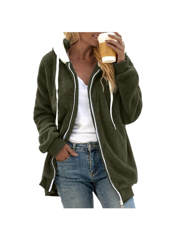 Womens Zip Up Hoodies Sweater Jacket Wool Color Long Sleeve Sweatershirt Hooded Pullover Warm Wool Plush Coat Zipper Top Casual Sweaters Fleece Hoodies Winter Sweaters Army Green L