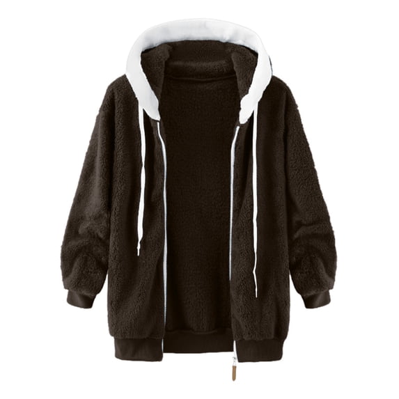 VISALY Womens Zip Up Hoodies Sweater Jacket Wool Color Long Sleeve Sweatershirt Hooded Pullover Warm Wool Plush Coat Zipper Top Casual Sweaters Fleece Hoodies Winter Sweaters Brown L