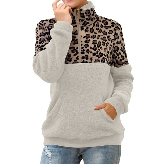 VISALY Womens Zip Up Hoodies Thick Sweaters Leopard Print Sweater Women's Stitching 1/4 Zipper Collar Top Double Fleece Warm Jacket with Pockets Casual Sweaters Sweater Pullover Tunic Sweater White L