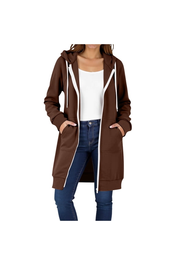 Zip Up Hoodies Oversized Hoodies Long Sleeve Long Tunic Sweatshirts Oversized Fleece Casual 2025 Fall Jacket Coat with Pocket Plain Hoodies Football Sweatshirts Tunic Tops Cute Hoodies Brown L