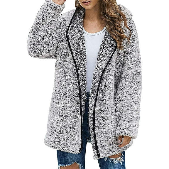 VISALY Zip Up Hoodies Sweater Jacket Plus Size Solid Color Sweatershirt Hooded Pullover Warm Plush Coat Jacket Hoodies Outwear Cardigan Coat Casual Tops Fleece Hoodies Winter Sweaters Dark Grey L