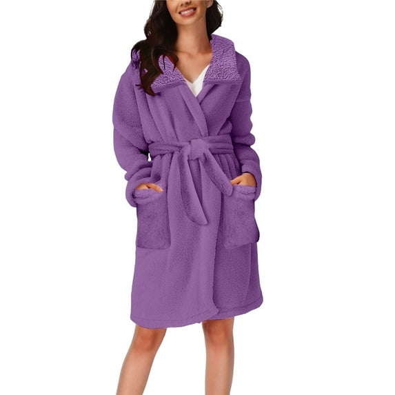 VISALY bathrobe for women Plush Bathrobes for Women, Women's Autumn and Winter Hooded Pajamas Home Plush Warm Bathrobe Robe Women's Fall/Winter, Pj Sets for Woman Bras and Panties Sets, #B Purple,L