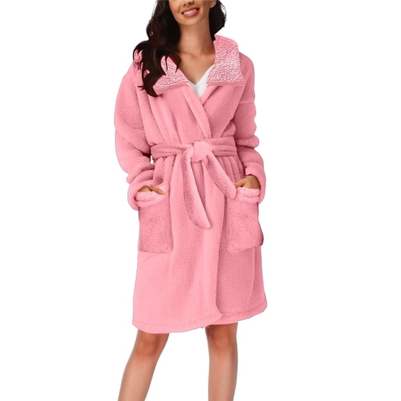 VISALY bathrobe for women Plush Bathrobes for Women, Women's Autumn and Winter Hooded Pajamas Home Plush Warm Bathrobe Robe Women's Fall/Winter, Pj Sets for Woman Bras and Panties Sets, #B Pink,M