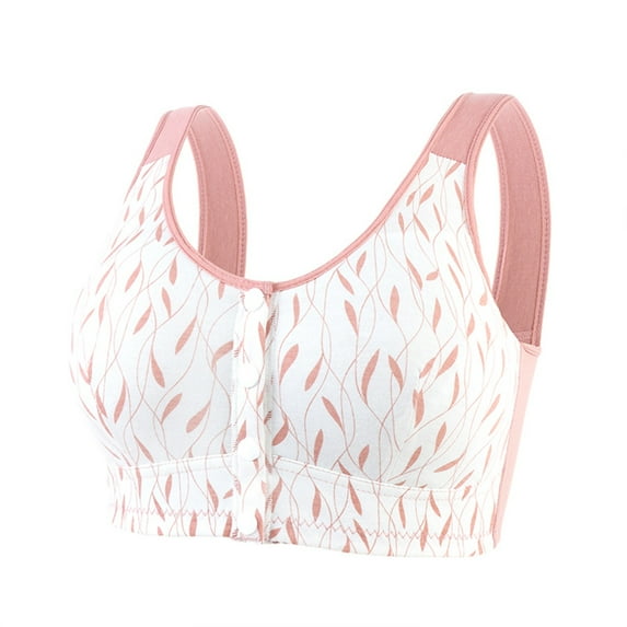 VISALY front closure bra Body and Bra Supportive Comfort Bra, Women's Leaf Print Thin Cup Soft Cotton Front Buckle Bra for Middle-Aged, Bra Front Closure for Women Bandeau Bras, Pink,44