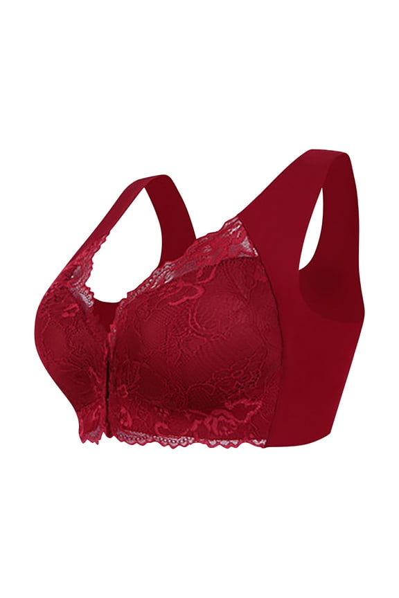 front closure wireless bra, Front Buttoned Large Size Wire-Free Bra Plus Size Front Closure Elastic Up Comfort, Bra Front Closure Strapless Bras Large Bust Swim Tops Built In Bra, Red,M