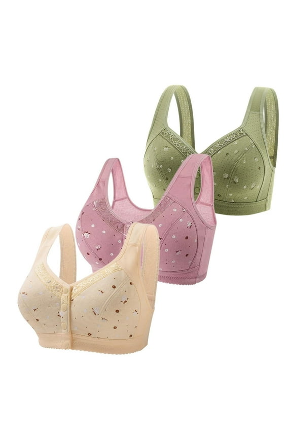 front snap bra Women Cotton Underwear, 3Pc Cotton Wire-Free Front-Hook Lace-Trimmed Daisy Print Bra 3 Bras for Older, Push Up Bra Pack Strapless Push Up Bras for Women, Sky Blue,48