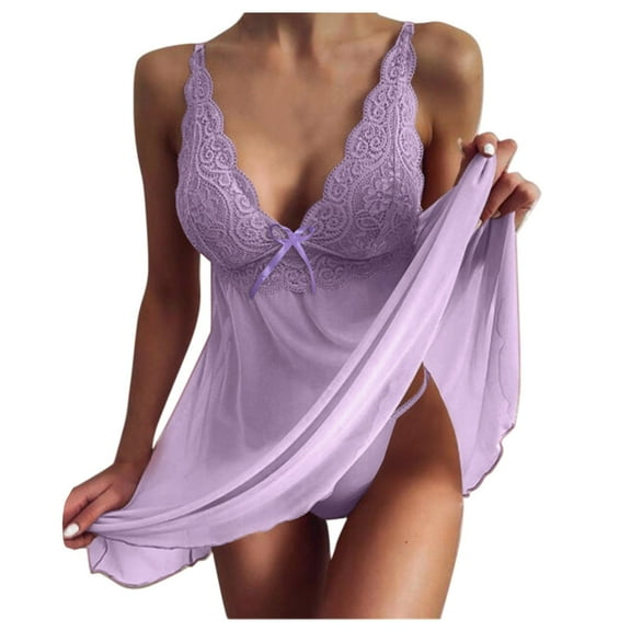 VISALY nightgowns with built in bra Dresses for Women, Women's Underwear Suspenders Lace See-Through Skirt Panties Pajamas Set Transparent Lingere, Nap Dress Womens Sleepwear Set, Purple,XXL