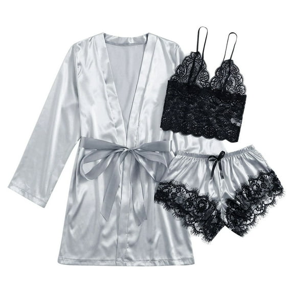 VISALY pajama set with robe Satin Robe for Women, Satin Pajamas 3-Piece Set Sleepwear Polyester Lace Daily, Pj Sets for Woman, Silk Pajamas for Women Matching Sets Women Clothing, Grey,S