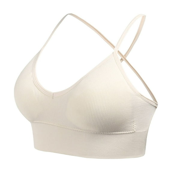 VISALY strappy sports bra, Women's Seamless Knitted Thread Fixed Double Shoulder Straps Cross-Strap, Strapless Backless Bra Sports Bra with Adjustable Straps Backless Strapless Bra, Beige,L