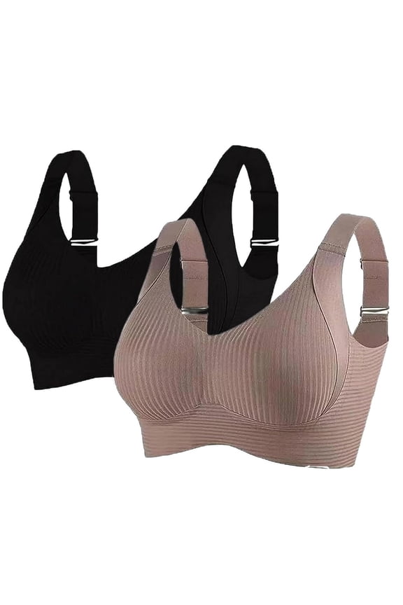 wireless bra pack Womens Padded Sports Bra, Wirefree Lift Bra Set 2 Pack, Bra and Underwear Sets for Women, Women's Ribbed Push Up Adjustable Wireless Bra, Bandeau Bras, #B Khaki,4XL