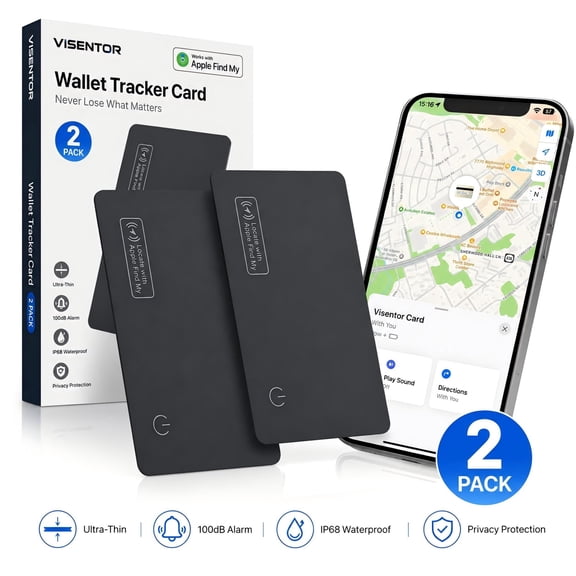 VISENTOR 2 Pack Wallet Tracker Card for Apple Find My, MFi Certified Bluetooth Tracker Tag (iOS Only), Ultra-Thin Item Locator with 100dB Alarm, IP68 Waterproof for Wallet Keys Bags