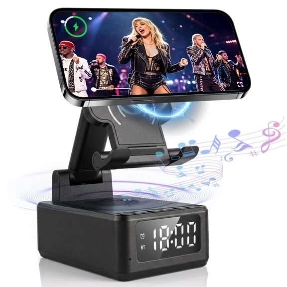 VISENTOR Bluetooth Speaker with Phone Stand, 5-in-1 Foldable Wireless Charger and LED Digital Alarm Clock, Gifts for Men & Women