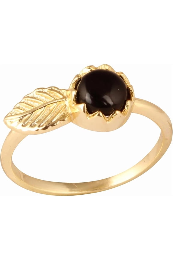 Women's Brass Anti Tarnish Leaf Design Black Stone Ring for Dailywear,6