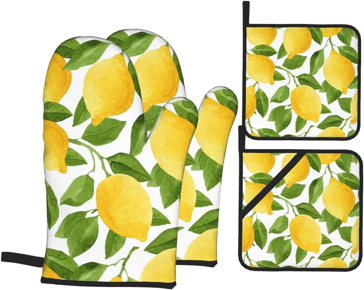 Lemon Print Yellow Cotton Oven Mitts and Pot Holders Set