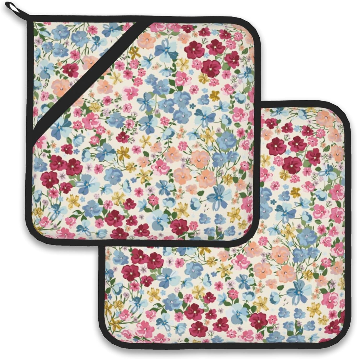 VISHUFASHION Vintage Wild Flowers Floral Meadow Pot Holders for Kitchen Heat Set of 2 Oven Hot Pads Pot Holders for Cooking Baking BBQ