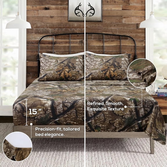 VISI-ONE Realtree APX Full Camo 4 Piece Sheet Set – Lightweight, Cooling, Wrinkle-Free Microfiber 15" Deep Pockets Sheets, Unisex Rustic Western Farmhouse Style for Home, RVs, & Camping