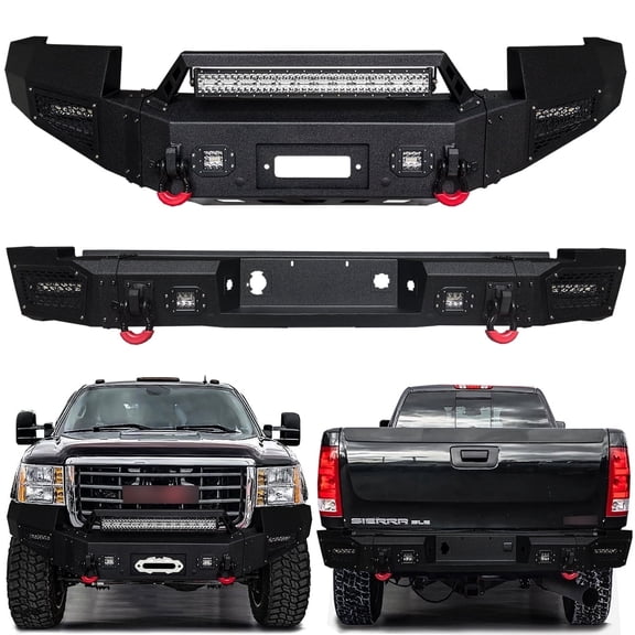 Vijay Compatible with 2007-2008-2009-2010 GMC Sierra 2500/3500 Front and Rear Bumper Textured Black Steel with Lights and D-rings
