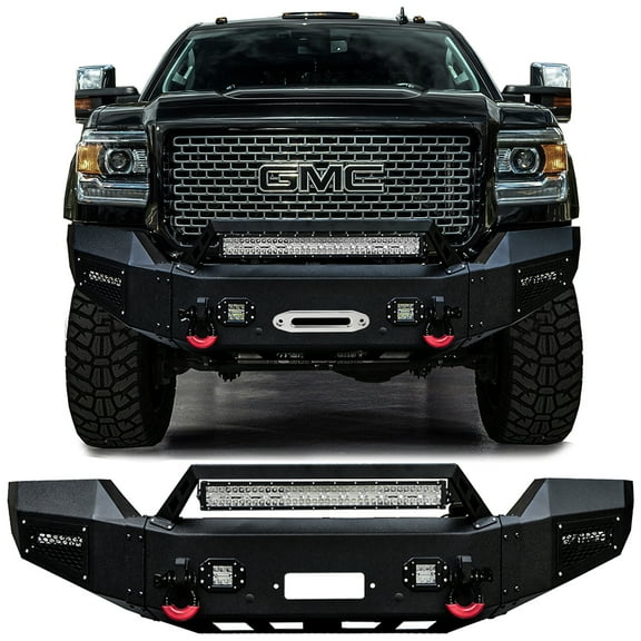 Vijay Compatible with 2015-2016-2017-2018-2019 GMC Sierra 2500HD/3500HD Front Bumper Textured Black Steel with Lights and D-rings