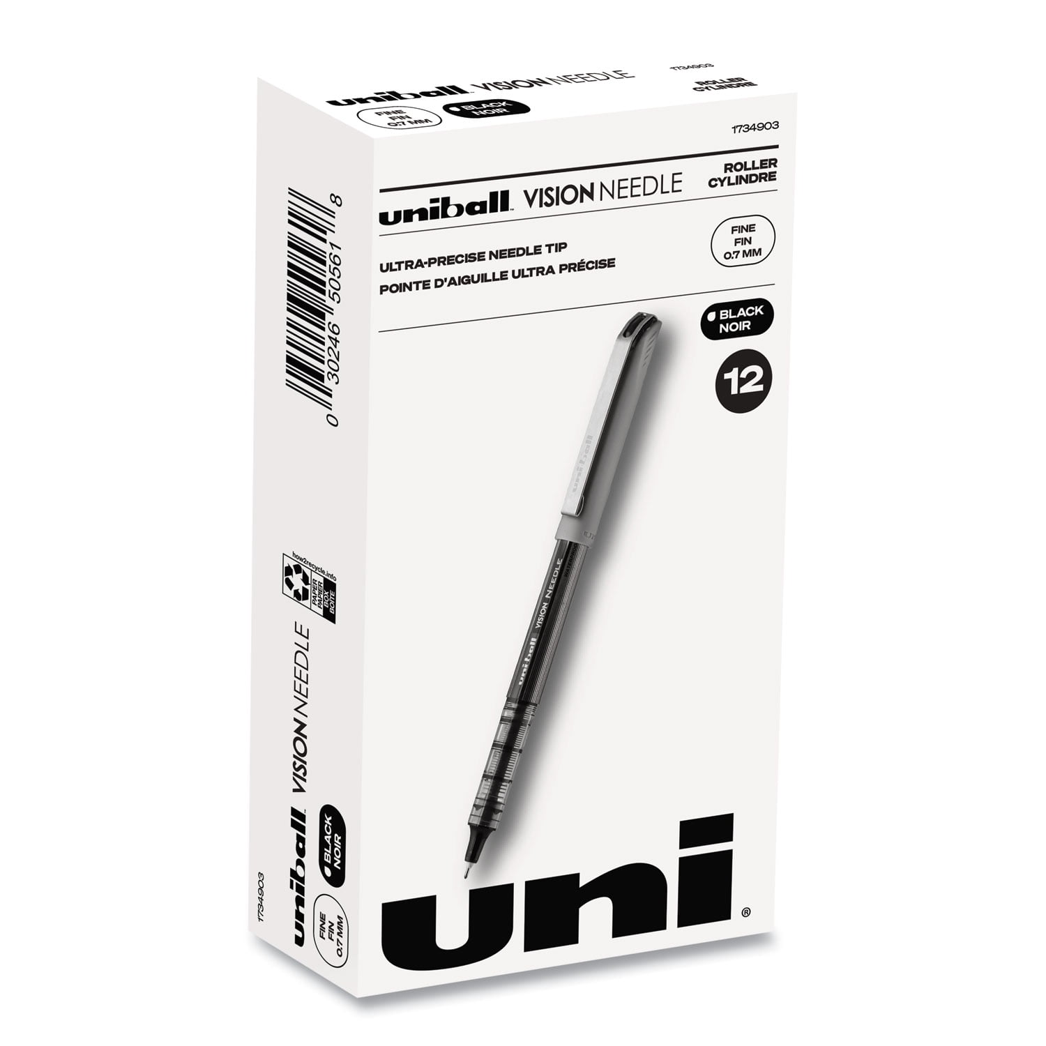 VISION Needle Roller Ball Pen, Stick, Fine 0.7 mm, Black Ink, Gray/Clear/Black Barrel, Dozen | Bundle of 2 Dozen