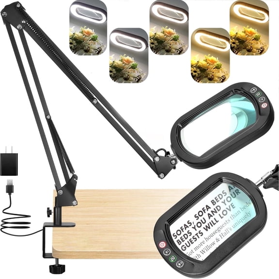 VISONHEART Lighted Magnifying Glass with Clamp & Stand,  16" Long Arm Real Glass 5 Color Modes Dimmable for Close Work Crafts Repair
