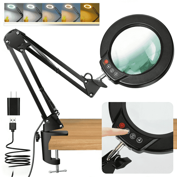 VISONHEART 4.3 Inch Magnifying Glass with Light and Clamp, 5 Color Modes, Dimmable LED Desk Lamp, Real Glass Lens, Hands Free for Reading, Crafts, Sewing, and Close Work