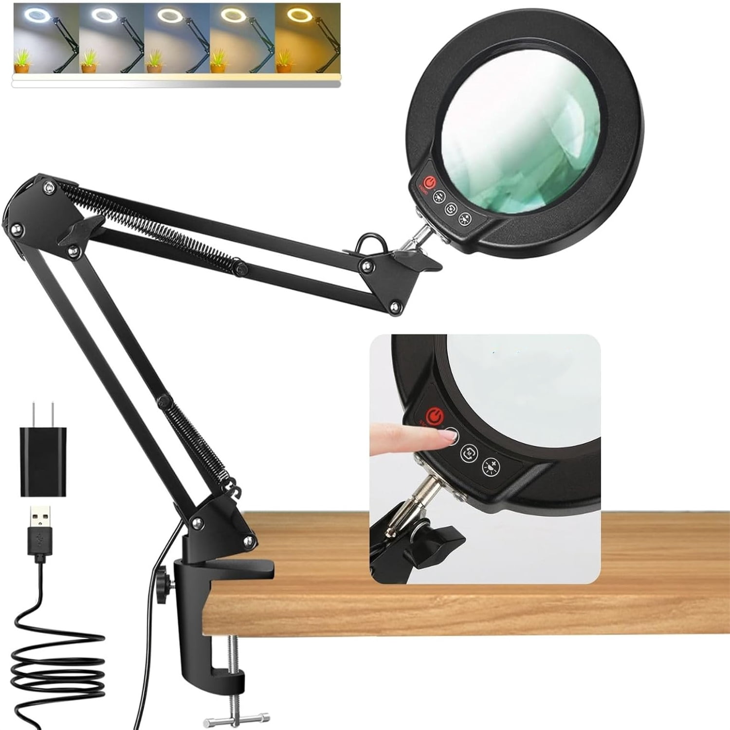 Magnifying Glass Lamp with Light and Stand, 5Color Modes & 5 Brightness Levels, Adjustable Swivel Arm for Close Work, Reading, Crafts, Repairing