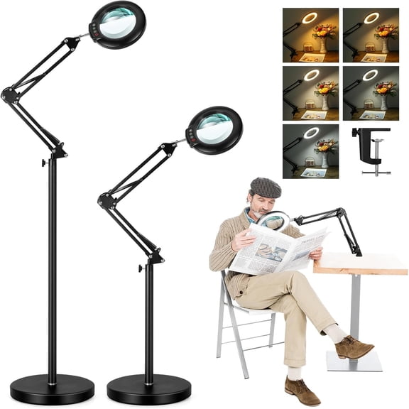 VISONHEART Magnifying Glass with Light, Real Glass Lens, 5 Color Dimmable LED, 3-in-1 Adjustable Hands Free Floor Lamp with Stand & Clamp for Reading Crafts Painting