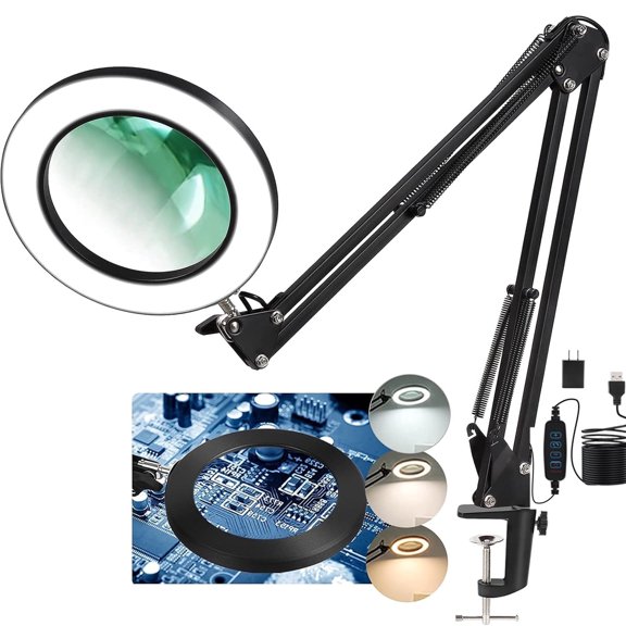VISONHEART 5 Inches Optical-grade Real Glass Magnifying Glass with Light and Stand, Stepless Dimmable 3 Color Mode LED Desk Lamp, Adjustable Arm Lighted Magnifier for Reading Repair Crafts Close Work