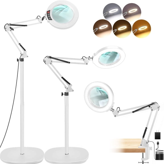 VISONHEART Magnifying Glass with Light and Stand, 3-in-1 Adjustable Swing Floor Lamp, 5 Color Modes Stepless Dimmable, LED Lighted Hands Free Magnifier & Clamp for Reading, Crafts, Painting - White